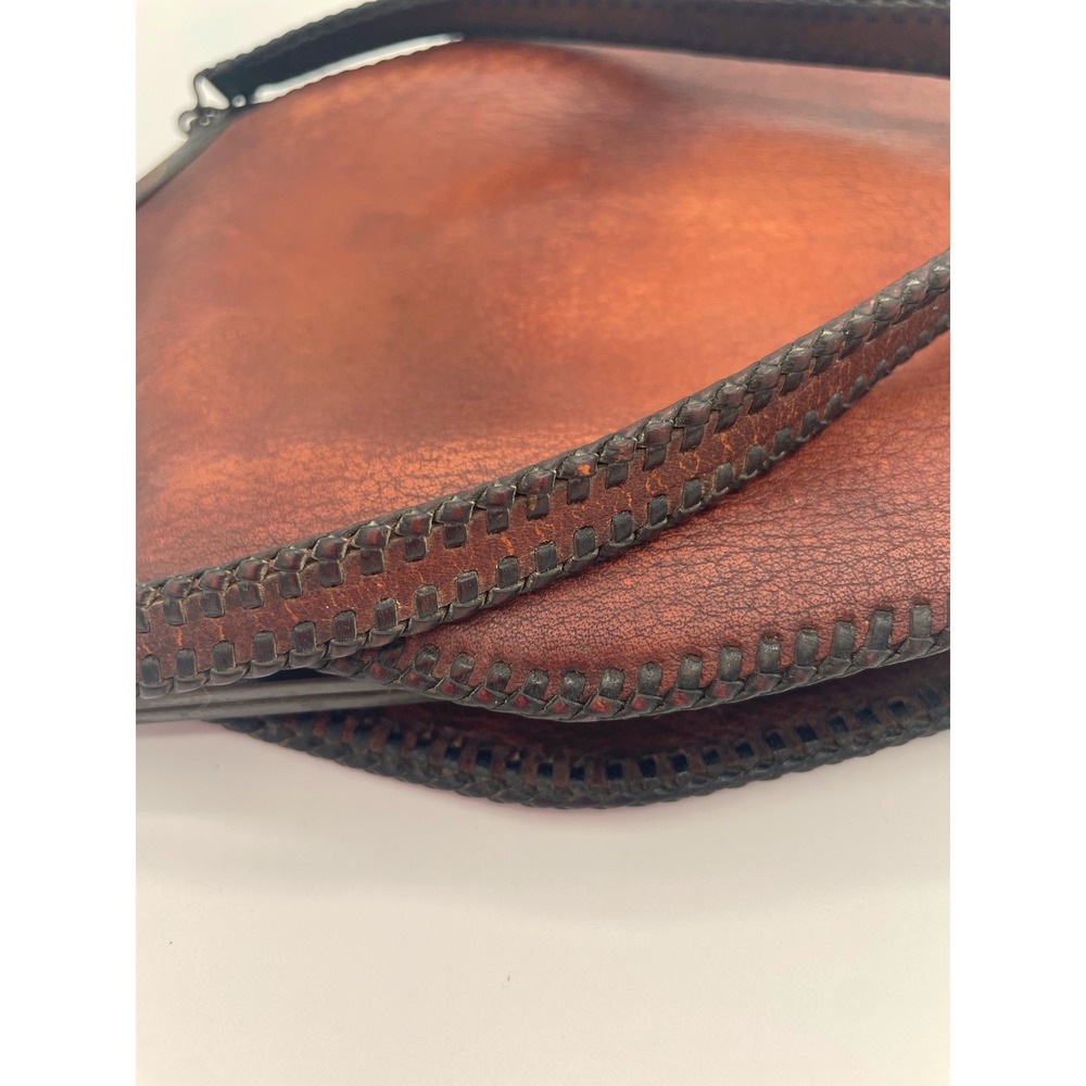 Vintage Tooled Leather Handbag Brown Art Nouveau Floral Embossed Frame Bag - Picture 7 of 12